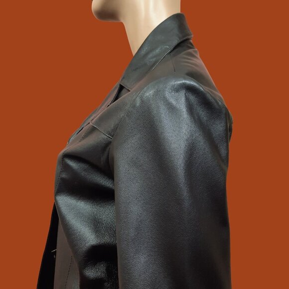 Vintage 90s Y2k Leather Jacket Dark Brown Mid Length Size S Button Up - Picture 8 of 12